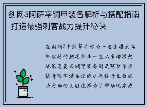 剑网3阿萨辛铜甲装备解析与搭配指南 打造最强刺客战力提升秘诀